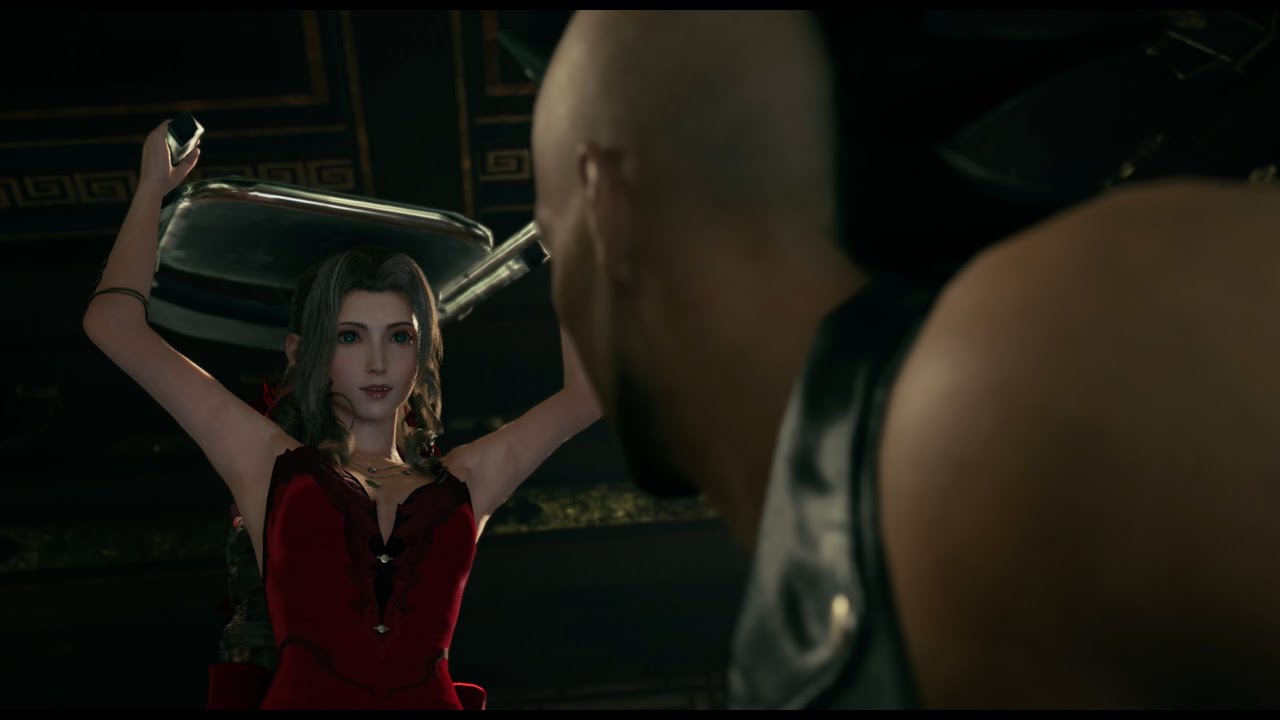 Aerith using a metal chair